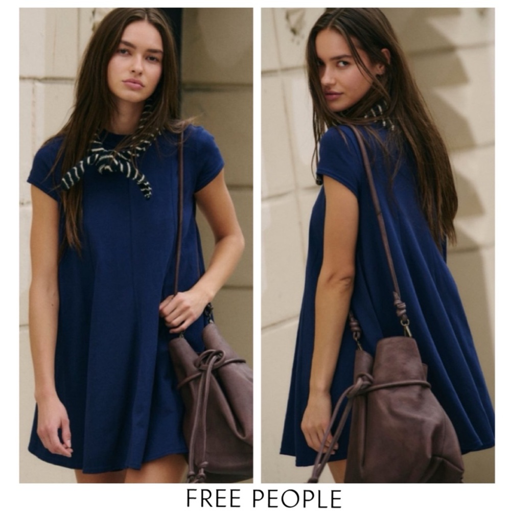 🖤NWTS-$60 FREE PEOPLE Mandi Mini Navy Trapeze Dress Stylish Cute Exposed Seams